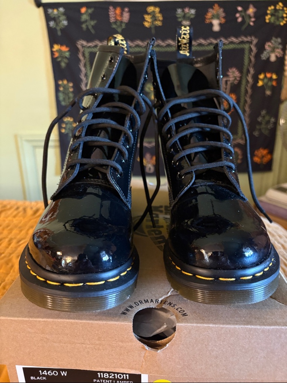 Dr. Martens Black Patent 8-Eye Combat Boots with Yellow Welt Stitching - Picture 4 of 6